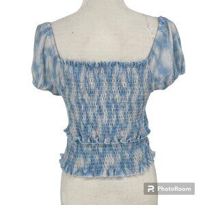LUSH Blue and White Swirl Smocked Short Sleeve Crop Top NEW Size L‎ NEW!